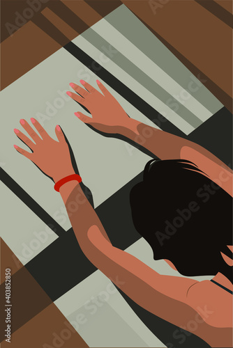 The girl is doing yoga doing stretching stretches her arms on the mat