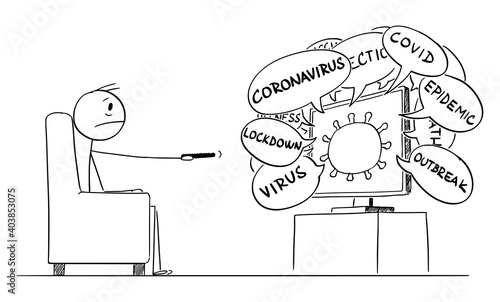 Vector cartoon stick figure illustration of stressed or frustrated man watching latest news about coronavirus covid-19 epidemic in television or TV.