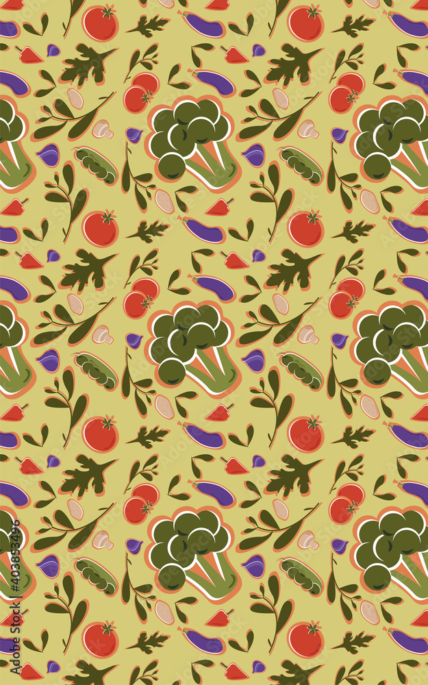  Seamless pattern with hand drawn vegetables. Eat healthy. Green food seamless pattern of vegetable. Cook pattern with fresh vegetables.