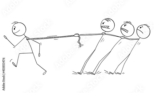 Vector cartoon stick figure illustration of strong individual businessman or man dragging competitors, team or colleagues. Concept of individuality.