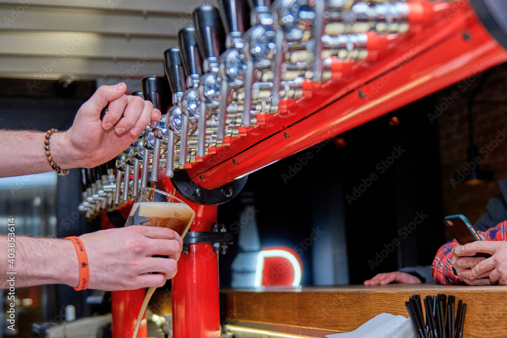 Bartender pouring beer standing at the bar counter. Pouring a large lager beer in tap for client.