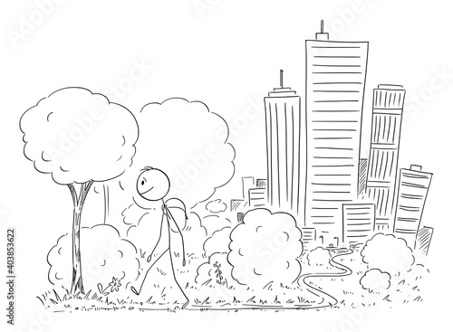 Vector cartoon stick figure illustration of man leaving the big city on background and walking on trip in nature.