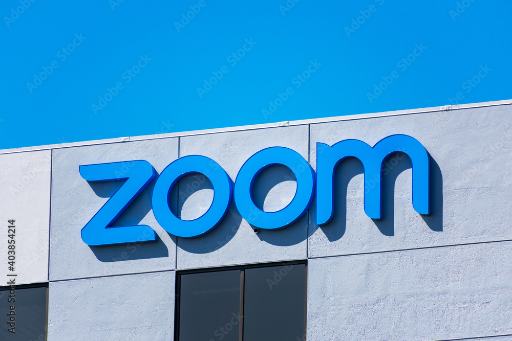 Zoom sign, logo on headquarters facade. Zoom Video Communications