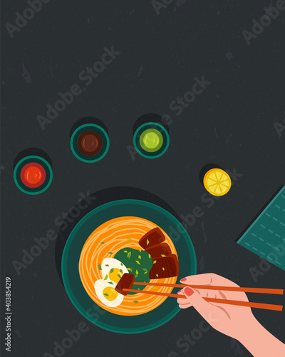 Ramen Japanese noodle soup. Top view. Girl eating ramen holding chopsticks. Hand holding chopsticks. Vector illustration. Flat design. Cartoon style. 