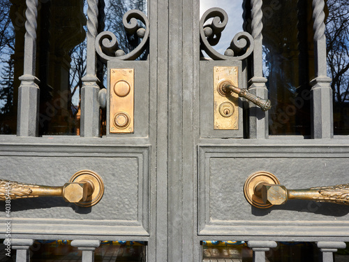 Old iron door with golden locks and handles