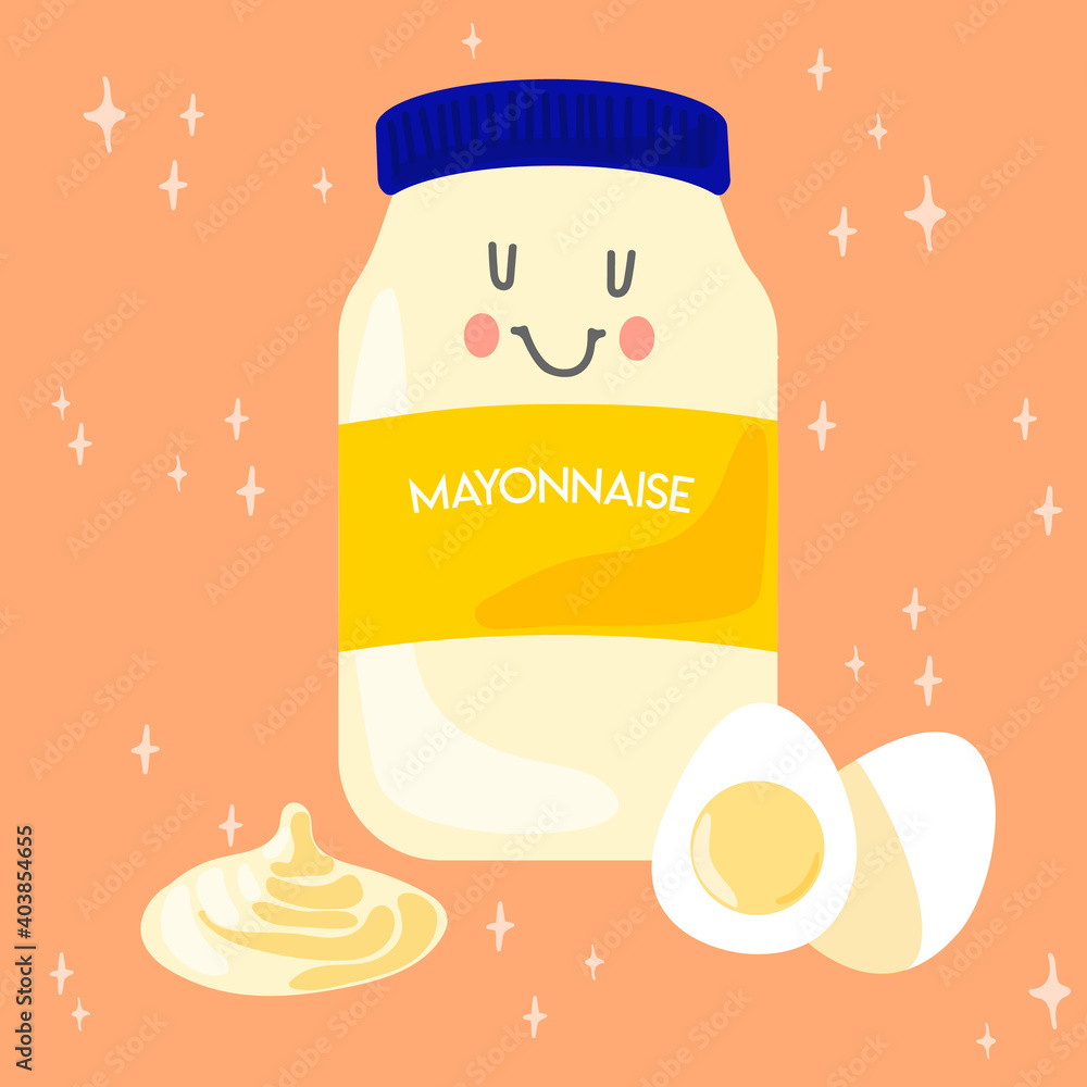 Cute Mayonnaise sauce bottle with egg. Vector kawaii Illustration. Food