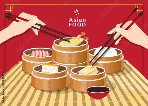 Dim sum illustration vector of Chinese food, Asian food Dim sum in Steamer