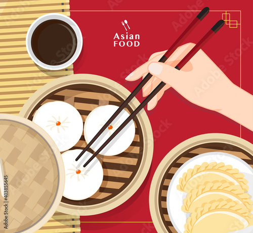 Dim sum illustration vector of Chinese food, Asian food Dim sum in Steamer