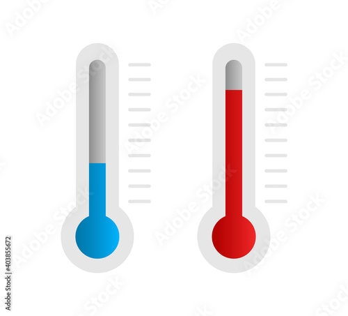 Thermometer hot and cold temperature. Meteorological thermometers measuring climate. Celsius thermometers. Vector flat icons.