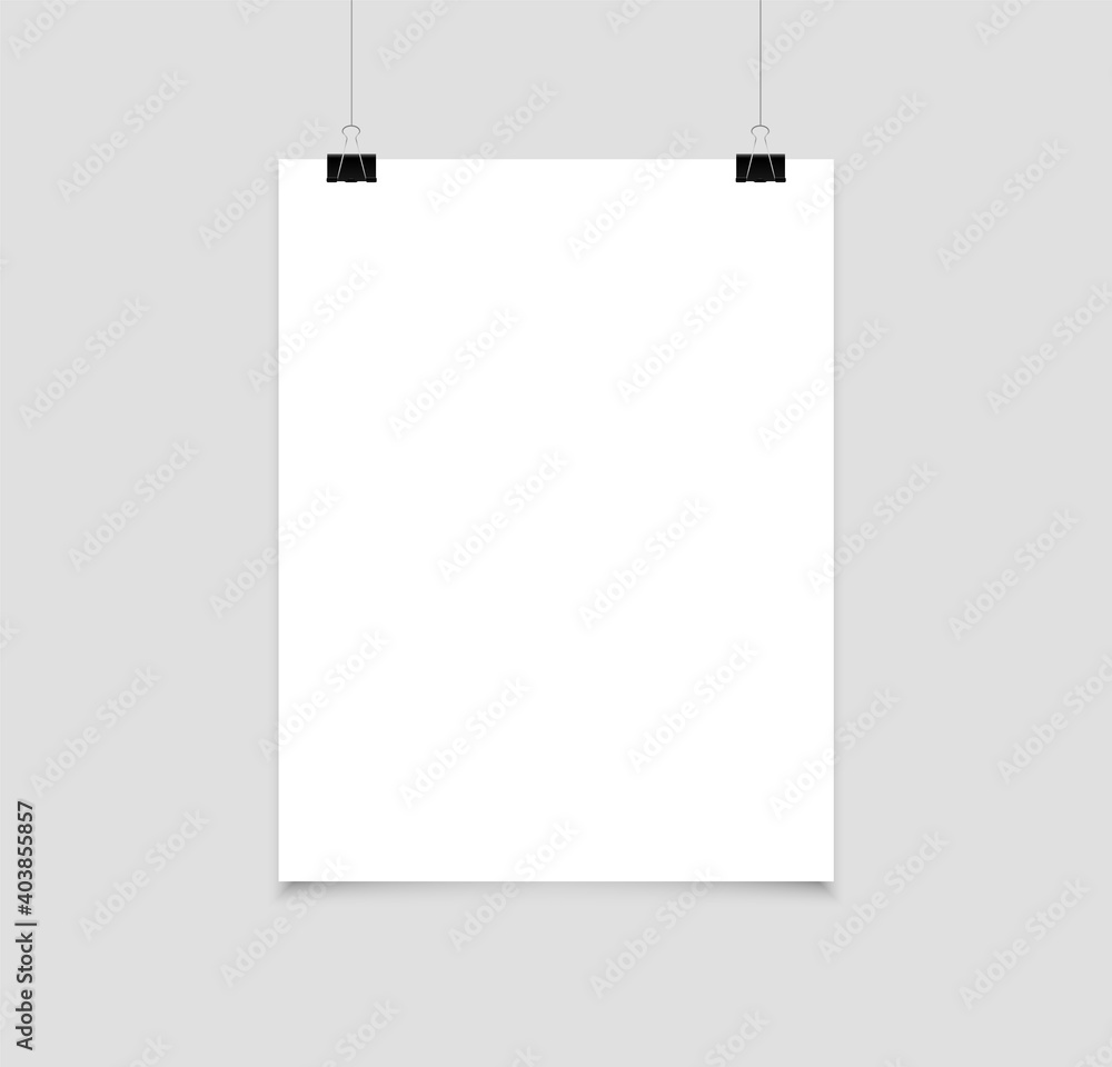 Blank poster hanging on clips. A4 paper page In portrait formats. Realistic white paper sheet. Mockup poster for design. Blank poster hanging on clips. A4 paper page In portrait formats. Realistic white paper sheet. Mockup poster for design.