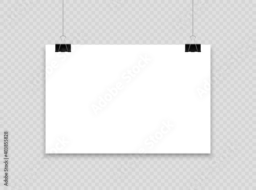Blank poster hanging on clips. A4 paper page In landscape formats. Realistic white paper sheet. Mockup poster for design.