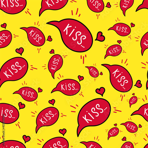 Hand drawm vector kiss speech bubble seamless pattern in doodle style on yellow background for Valentines day holiday and decoration, romantic vector illustration design and bright vibrant colors