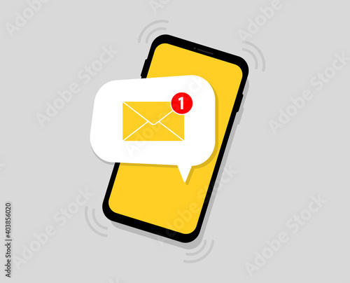 Smartphone with message notification. Notice on message. New email notification on the phone screen. Envelope with new message.