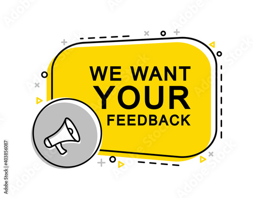 We want your feedback banner with megaphone and laptop. Advertising, marketing.