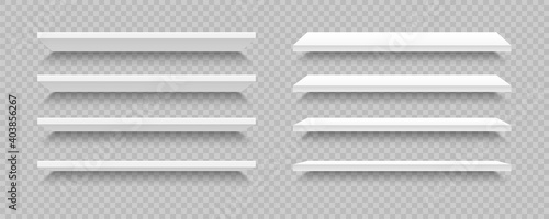 Set of white realistic shelves. 3d empty store shelf. Wall showcases. Supermarket retail shelves. Plastic shelving. Mock up bookshelf front view. Stand of a store.
