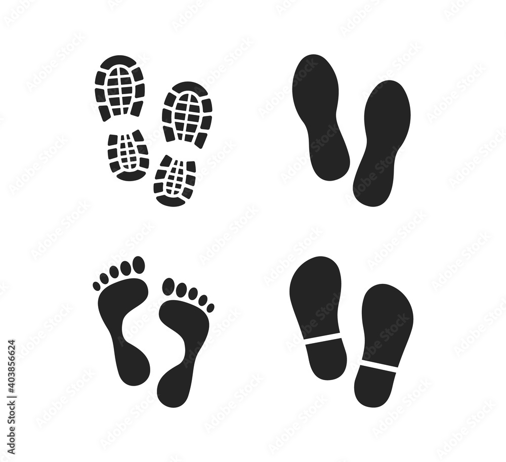 Human footprints. Bare foot prints. Shoe soles print. Black traces of human. Step footprints. Shoe tread prints. Human footprints. Bare foot prints. Shoe soles print. Black traces of human. Step footprints. Shoe tread prints.