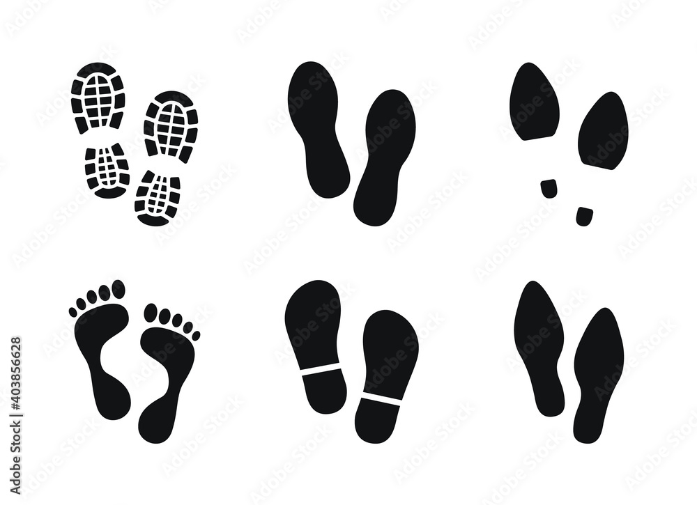 Set of human footprints different shoes. Bare foot prints. Shoe soles print. Black traces of human. Step footprints. Shoe tread prints. Set of human footprints different shoes. Bare foot prints. Shoe soles print. Black traces of human. Step footprints. Shoe tread prints.
