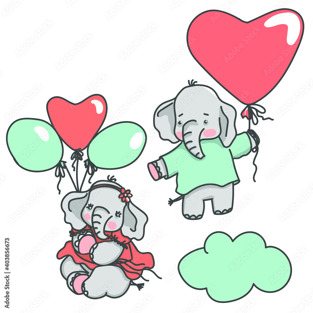 Couple of cute baby elephants floating with balloons, vector illustration.