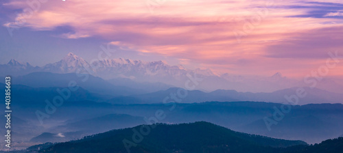 Panoramic landscape of great Himalayas mountain range during an autumn morning from Kausani also known as  Switzerland of India  a hill station in Bageshwar district  Uttarakhand  India.