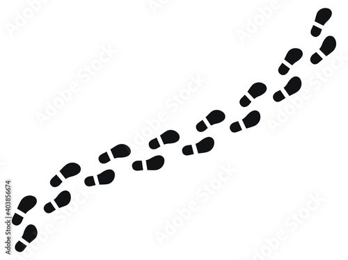 Step footprints paths. Shoe tread prints. Black traces of human. Human foot print in path. Shoe soles in path.