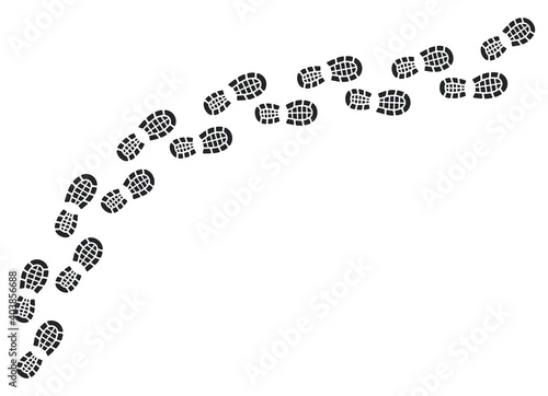 Step footprints paths. Shoe tread prints. Black traces of human. Human foot print in path. Shoe soles in path.