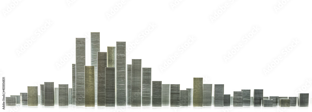 Panorama de bâtiments et paysage urbain sur fond blanc en agrafes en métal. Projet d'architecture, construction, développement, concept urbain, immobilier, affaires.	
