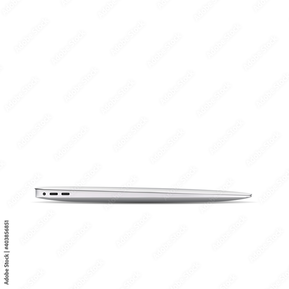 Closed thin laptop with USB ports. Portable computer isolated on white background Closed thin laptop with USB ports. Portable computer isolated on white background