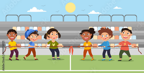 Happy diverse multiracial cute kids boys and girls playing tug o war. Flat cartoon colored vector illustration