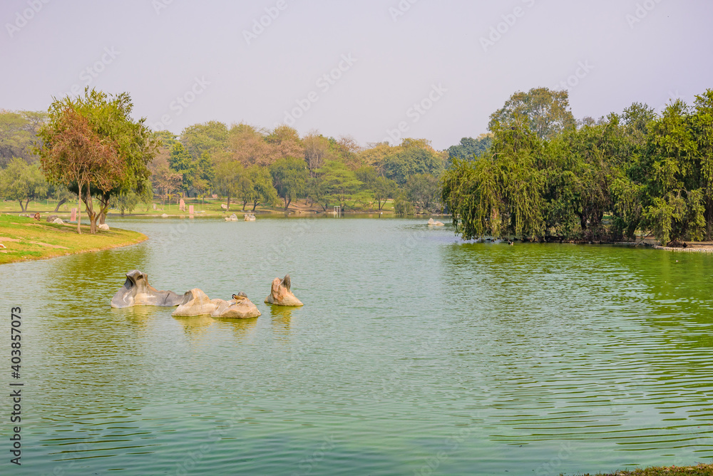 Lake at Raj Ghat for groundwater rejuvenation. Raj Ghat is a memorial dedicated to Mahatma Gandhi in New Delhi, India.