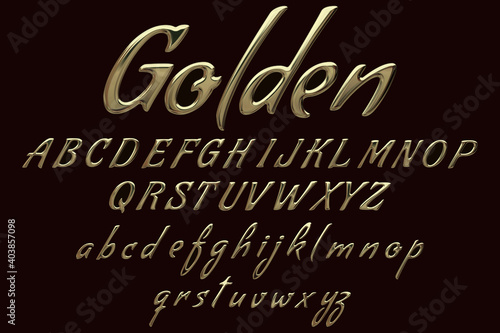 Calligraphic 3D handwriting font with metallic gold texture, glossy metal abc, 3D rendering, uppercase lowercase alphabet set for poster, invitation, greeting card