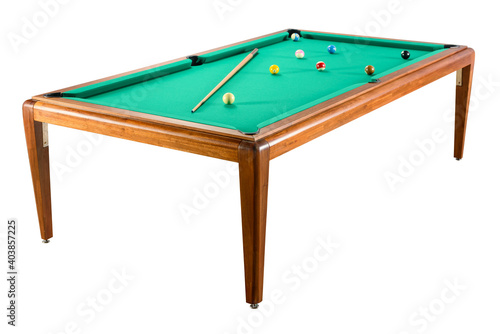 Modern wood Billiards table with cue and balls isolated