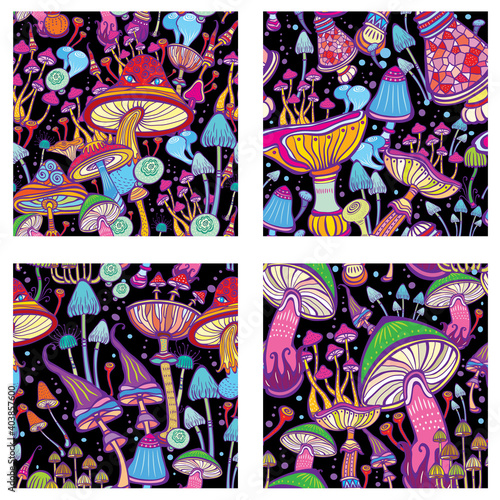 Set of Seamless patterns with decorative mushrooms