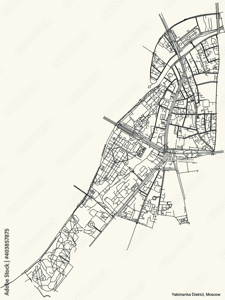 Black simple detailed street roads map on vintage beige background of the neighbourhood Yakimanka District of the Central Administrative Okrug of Moscow, Russia