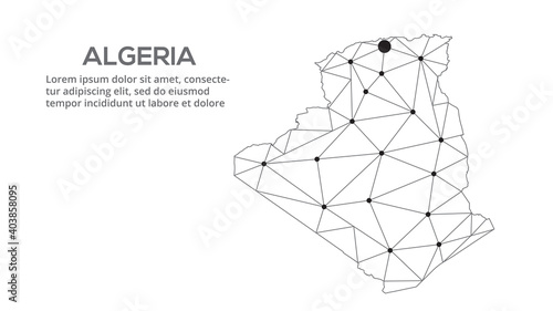 Algeria communication network map. Vector image of a low poly global map with city lights. Map in the form of lines and dots