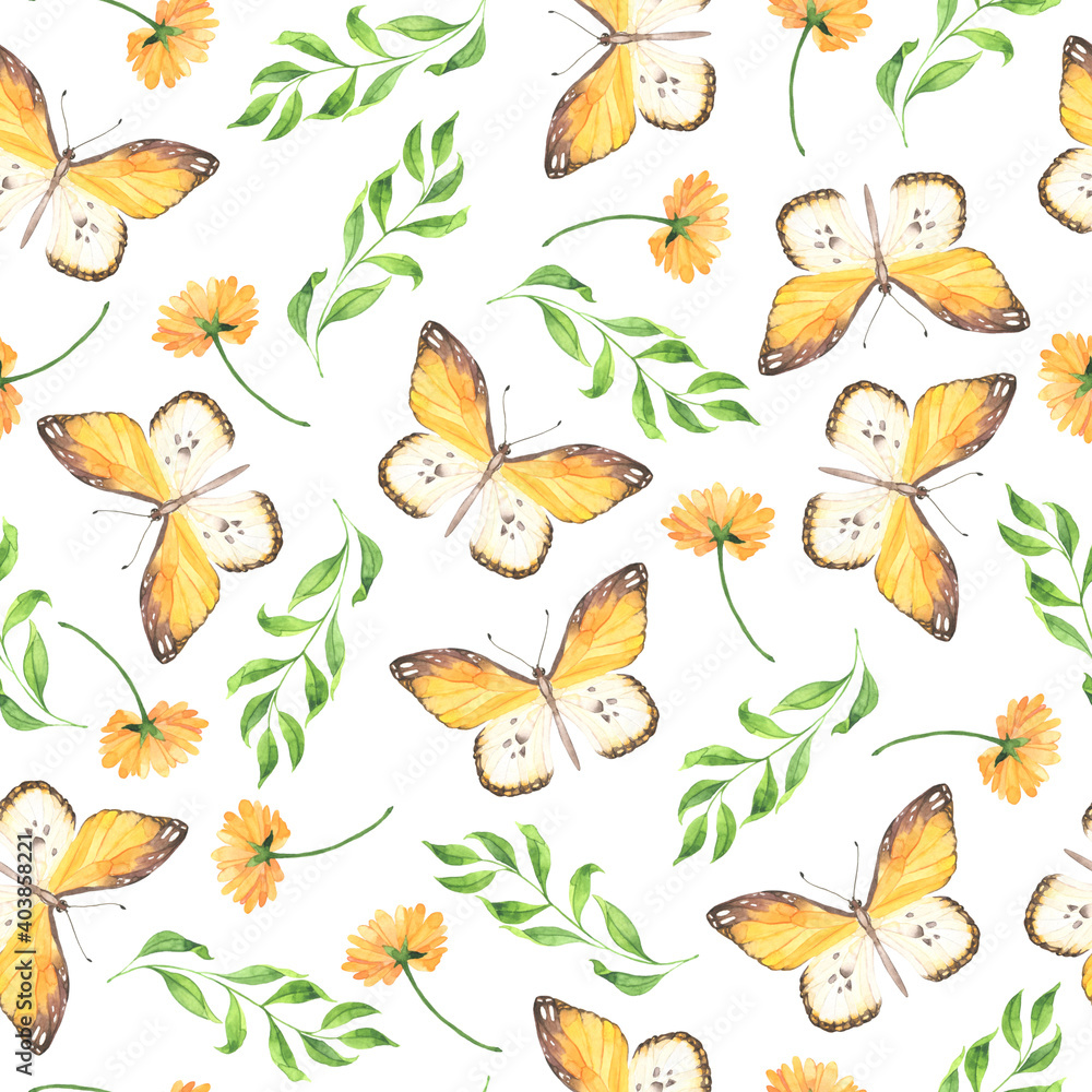 Seamless pattern with orange and white butterflies, orange flowers and green leaves on white background. Hand drawn watercolor illustration.