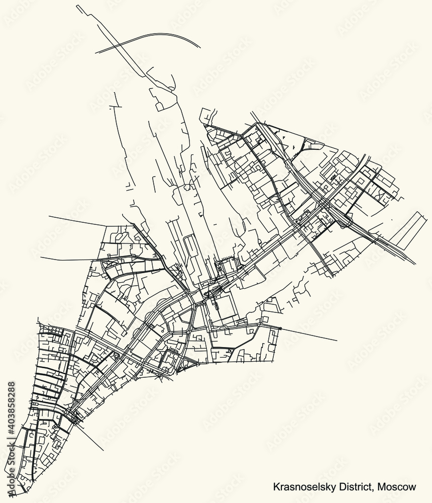 Black simple detailed street roads map on vintage beige background of the neighbourhood Krasnoselsky District of the Central Administrative Okrug of Moscow, Russia