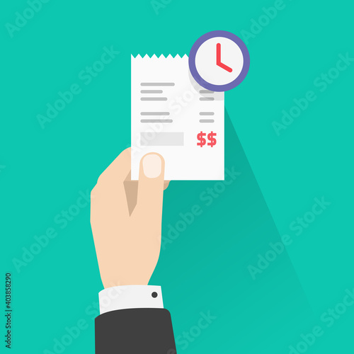 Pay bill waiting, recurring payment concept vector, money transfer period idea, person man holding paper receipt with clock timer awaiting, schedule cash or money transaction