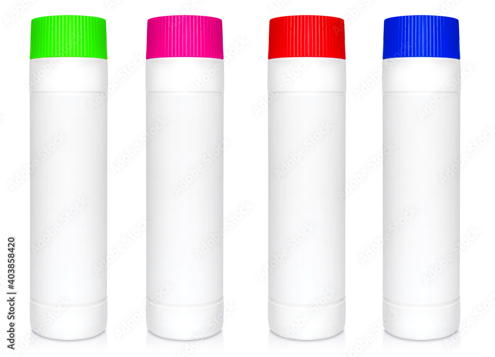 white plastic container with blank label and colored caps isolated on a white background white plastic container with blank label and colored caps isolated on a white background