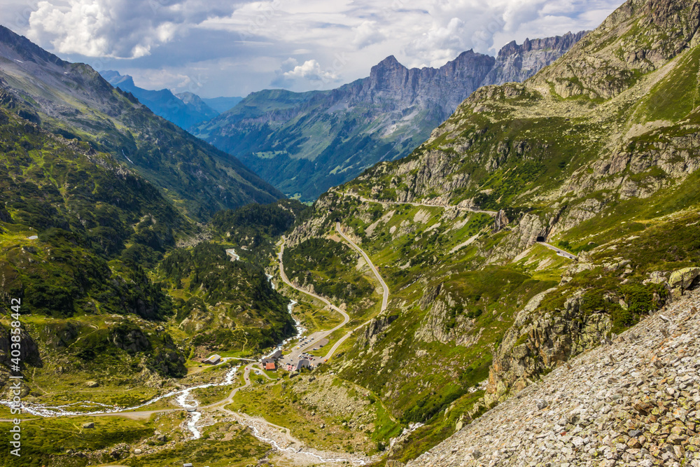 High mountain road through the Susten Pass in the Swiss Alps