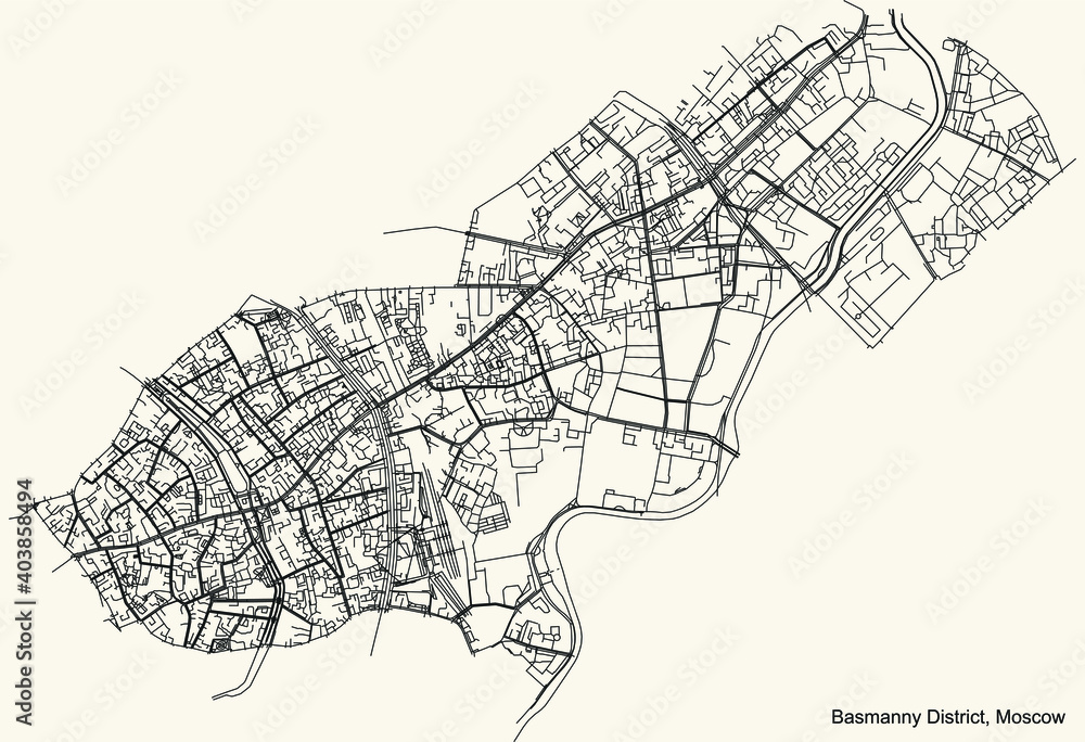 Black simple detailed street roads map on vintage beige background of the neighbourhood Basmanny District of the Central Administrative Okrug of Moscow, Russia