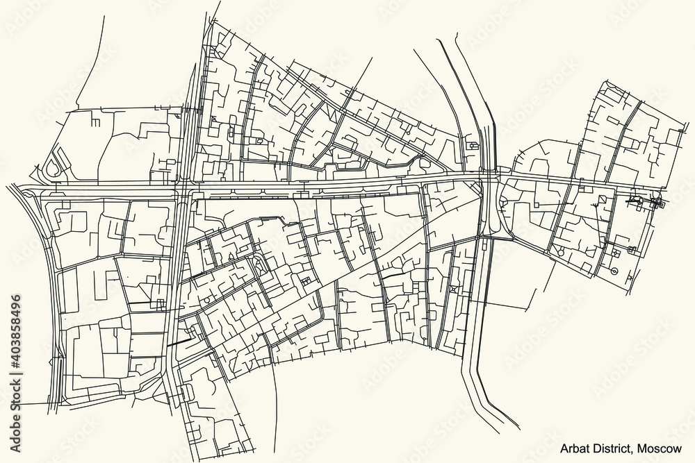 Black simple detailed street roads map on vintage beige background of the neighbourhood Arbat District of the Central Administrative Okrug of Moscow, Russia