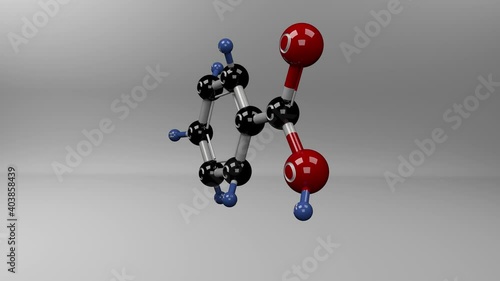 Benzoic acid molecule. Molecular structure of benzoic acid, used as processed food preservative that inhibits the growth of bacteria, molds, and yeasts. Alpha channel. photo
