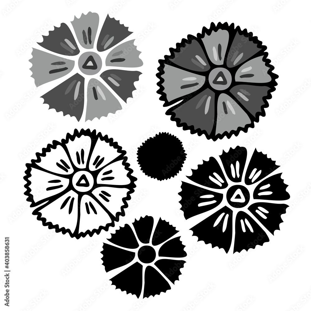 Isolated vector design set of silhouettes lined decorative abstract flowers on white background Isolated vector design set of silhouettes lined decorative abstract flowers on white background