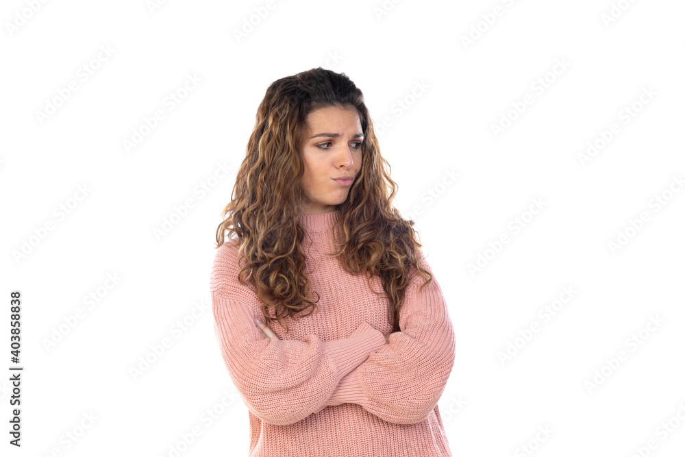 Beautiful middle aged woman with pink woolen sweater Beautiful middle aged woman with pink woolen sweater