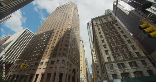 New York City cityscape, Financial District corporate buildings panning view, Wall Street signpost