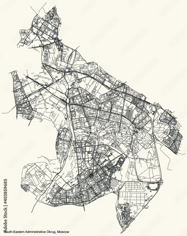 Black simple detailed street roads map on vintage beige background of the neighbourhood South-Eastern Administrative Okrug of Moscow, Russia