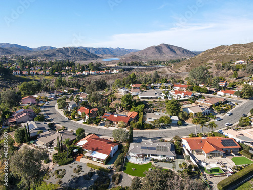 Aerial view of residential neighborhood in valley with mountain in the background, Rancho Bernardo, San Diego County, California. USA.  photo