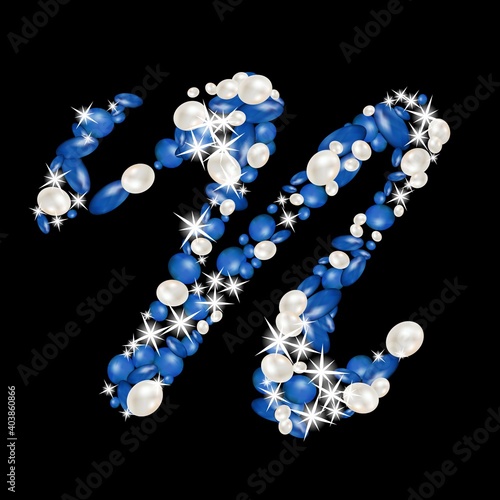 Capital letter N of the alphabet is decorated with jewelry and pearls. Precious blue and white pearls