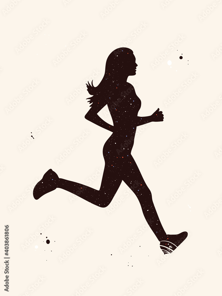 Jogging girl. Running woman abstract silhouette. Night starry sky