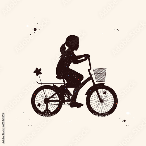 Fototapeta Naklejka Na Ścianę i Meble -  Girl on bicycle. Child on bike abstract silhouette. Night starry sky